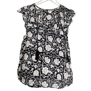 India Collection Floral Tasseled Cap Sleeve Lightweight Boho Romantic Top Size S